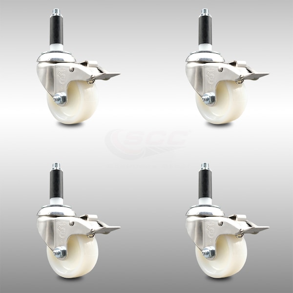 3 Inch 316SS Nylon Wheel Swivel 7/8 Inch Expanding Stem Caster Set Lock Brake